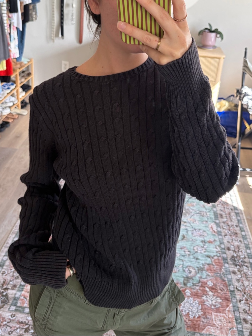 St. John’s Bay Black Cable Knit Crewneck Sweater Size L